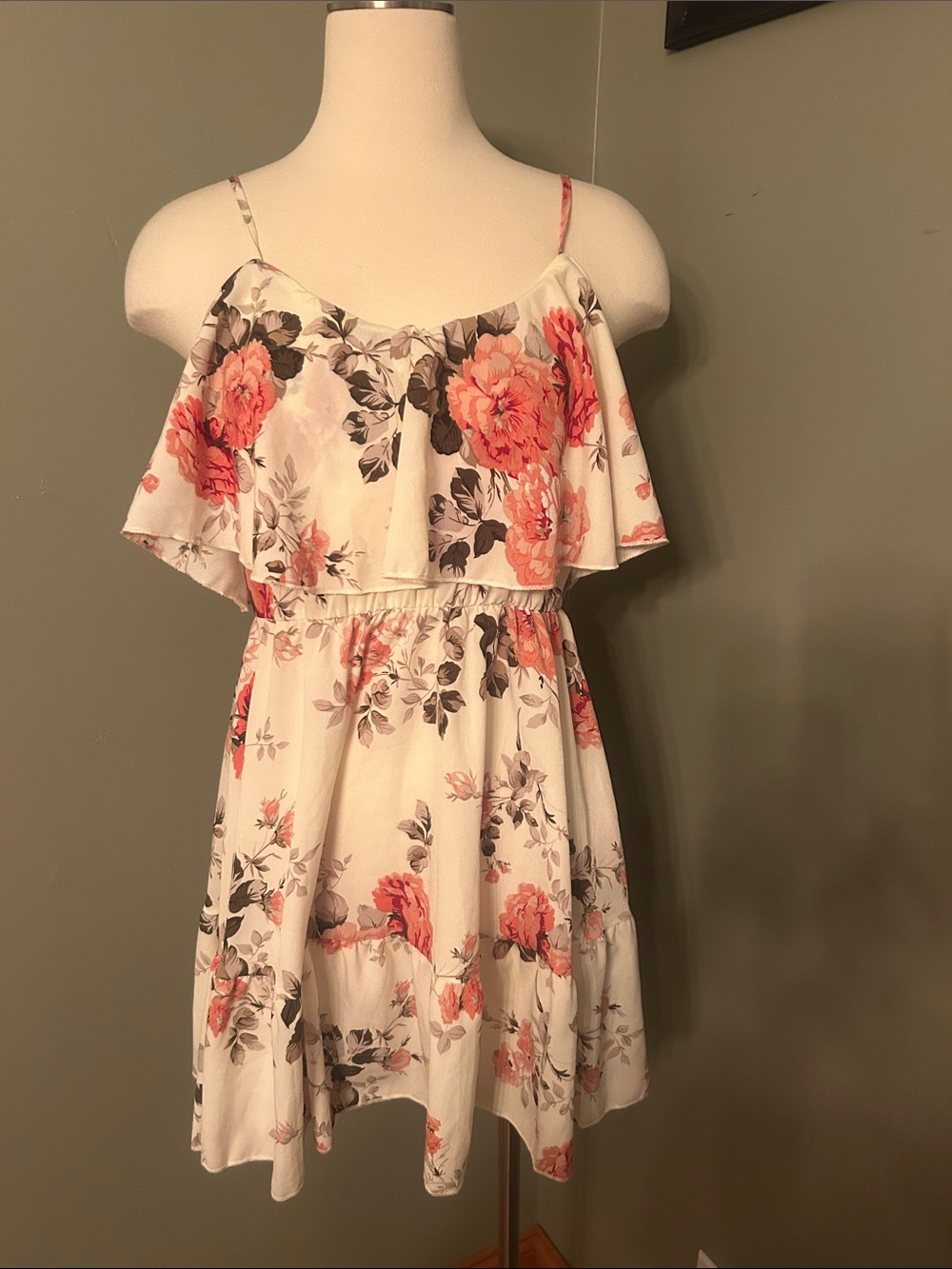 SHEIN Cream Floral Ruffle Cami Dress with Pink Accents